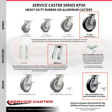 Service Caster 8 Inch Kingpinless Rubber on Aluminum Wheel Caster Set Brake and Swivel Lock SCC SCC-KP30S820-RAR-SLB-BSL-4